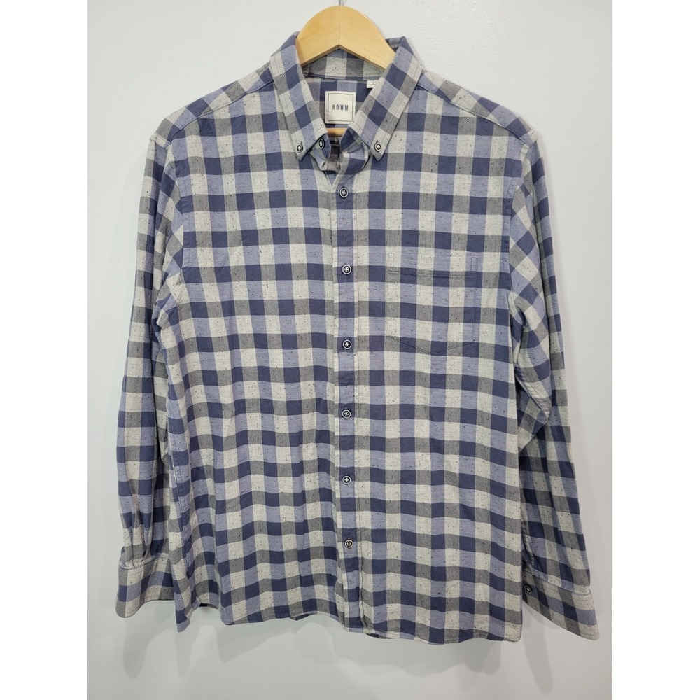 ROW M Men's Blue Gray Flannel‎ Plaid Button Down Long Sleeve Casual Shirt Size L
